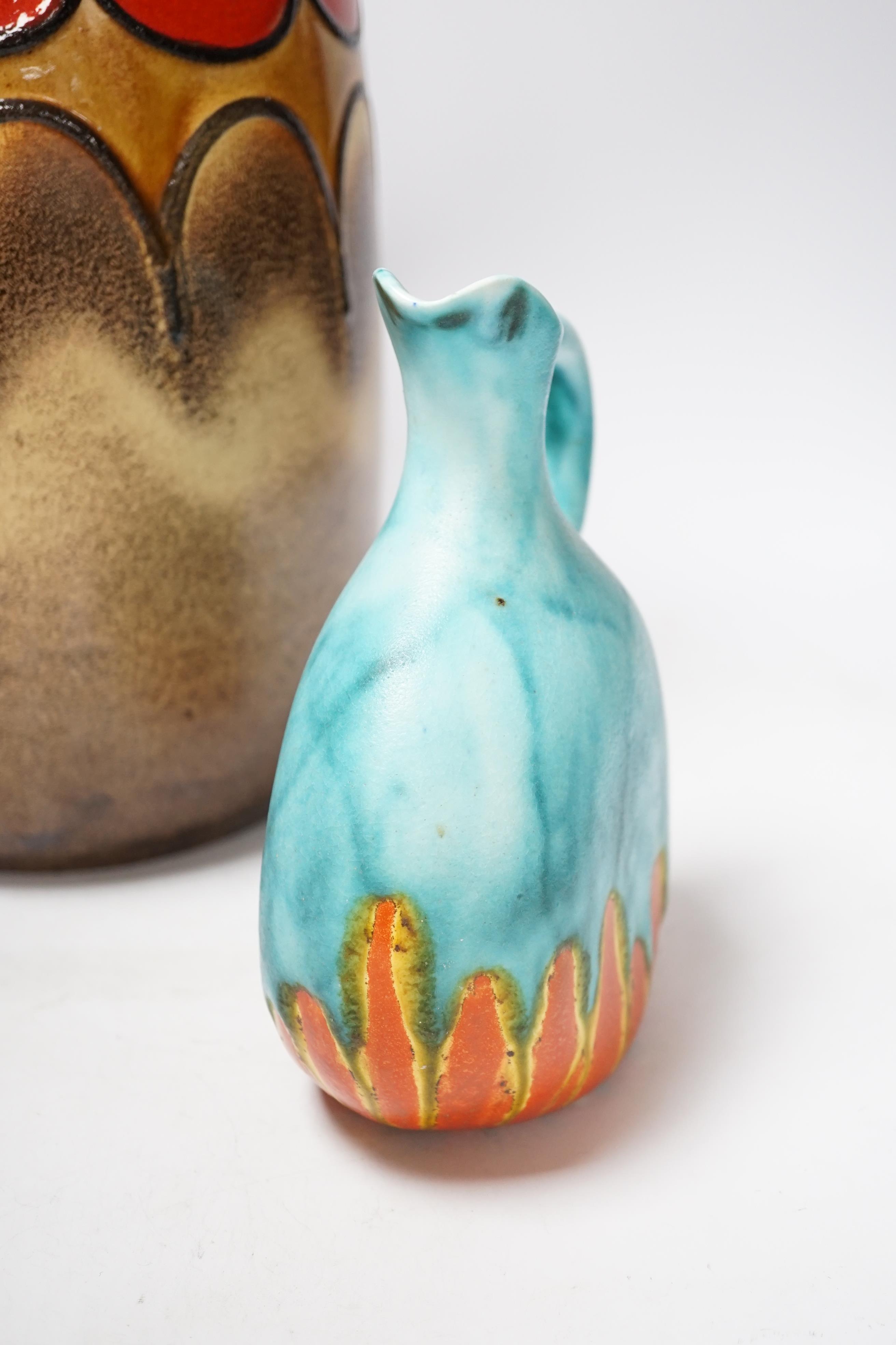 A large 1960’s West German stoneware vase and a Clarice Cliff ‘inspiration’ ewer, largest 48cm high